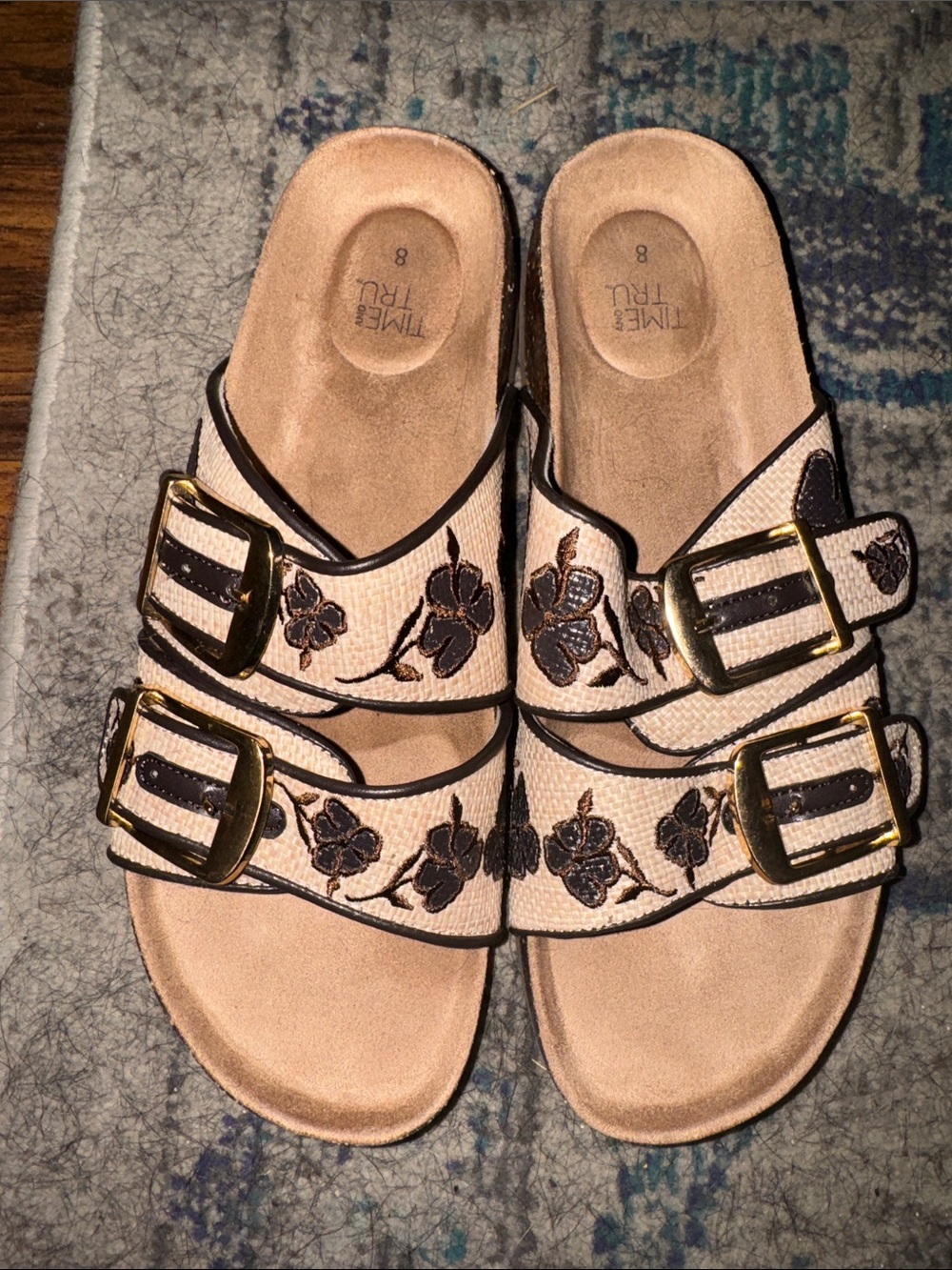 Time and Tru Beige Floral Embroidered Double-Buckle Slide Sandals